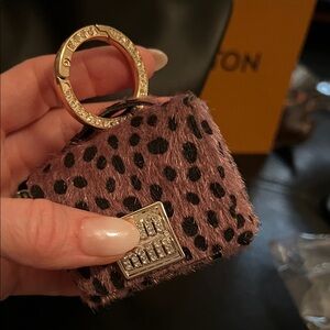 Leopard Print Fur Keychain with Rhinestone Ring